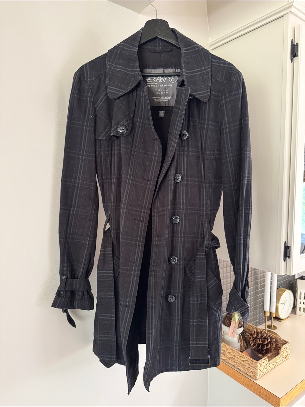 Esprit Black Plaid Trench Coat